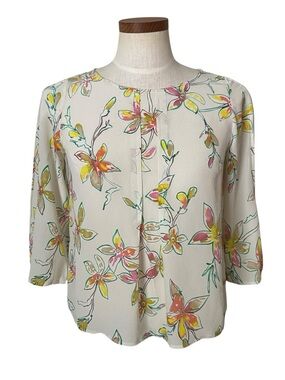 Marella Silk Floral Print Shirt Blouse Cream Multi IT Sz 40 XS